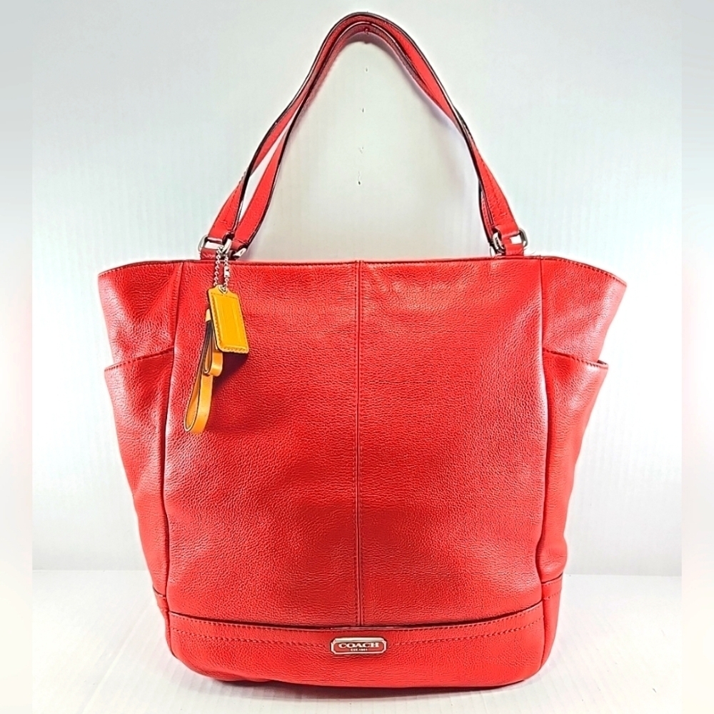 Coach Park North South Shoulder Tote Bag Red Pebbled Leather Large Purse Carry